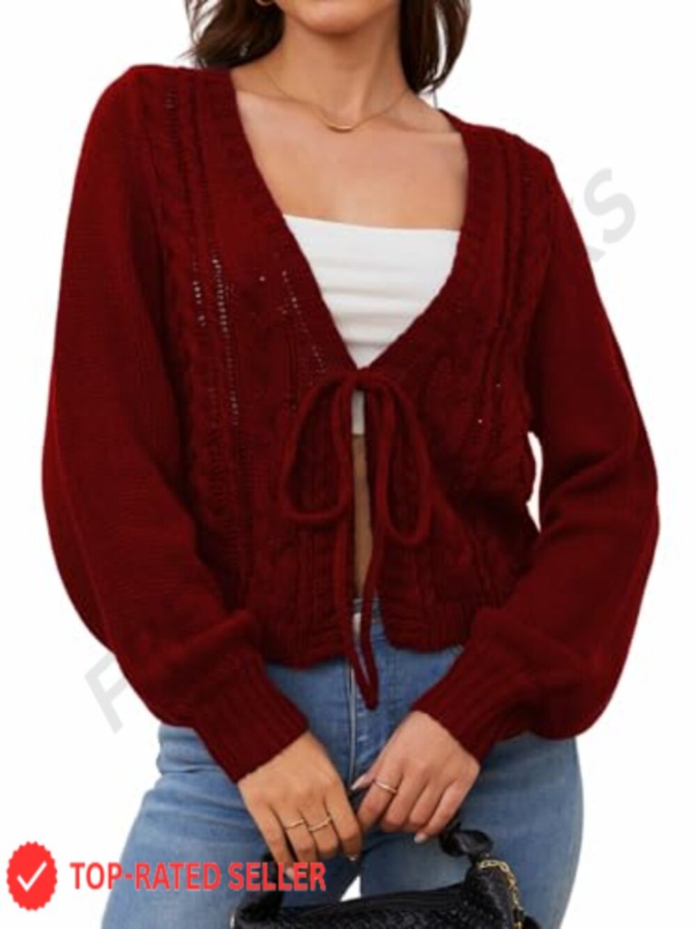 Women's Cropped Tie Front Bow Cardigan Cable Knit Lantern Sleeve Sweater